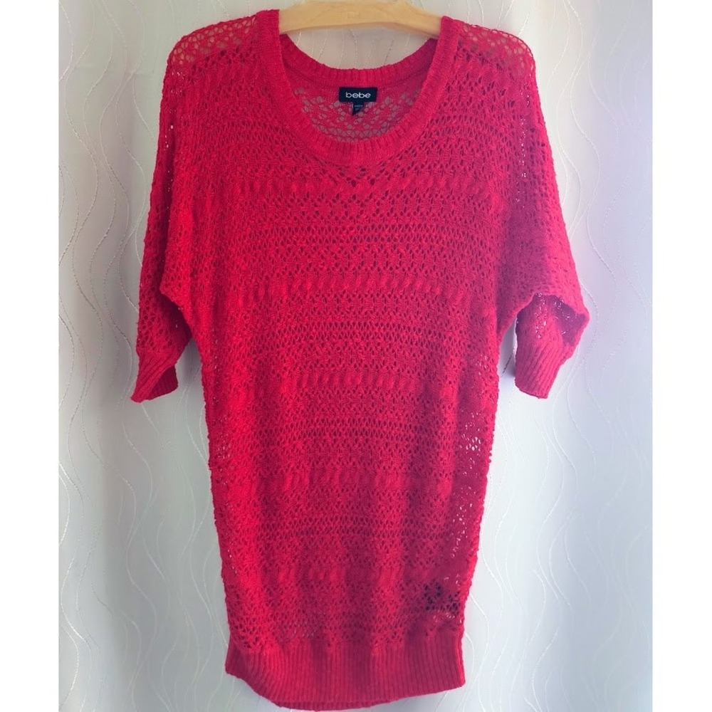 Bebe Womens Red Open Knit Batwing‎ Sleeve Scoop Neck Tunic Sweater Size Medium